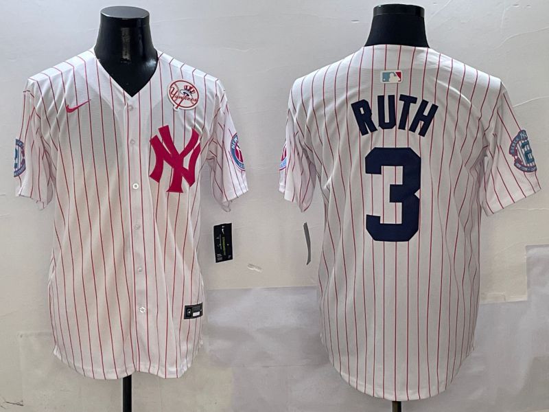 Men New York Yankees 3 Ruth White Stripe Jointly Name Nike 2025 MLB Jersey style 5